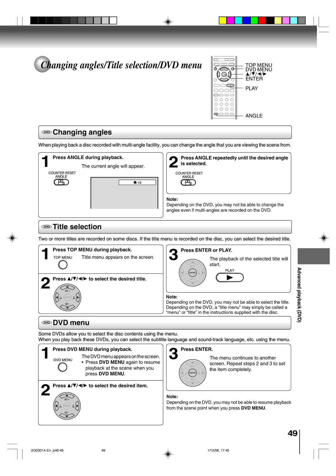 Toshiba HI-FI SQPB Changing angles/Title selection/DVD menu, DVD Changing angles, DVD Title selection, DVD DVD menu 