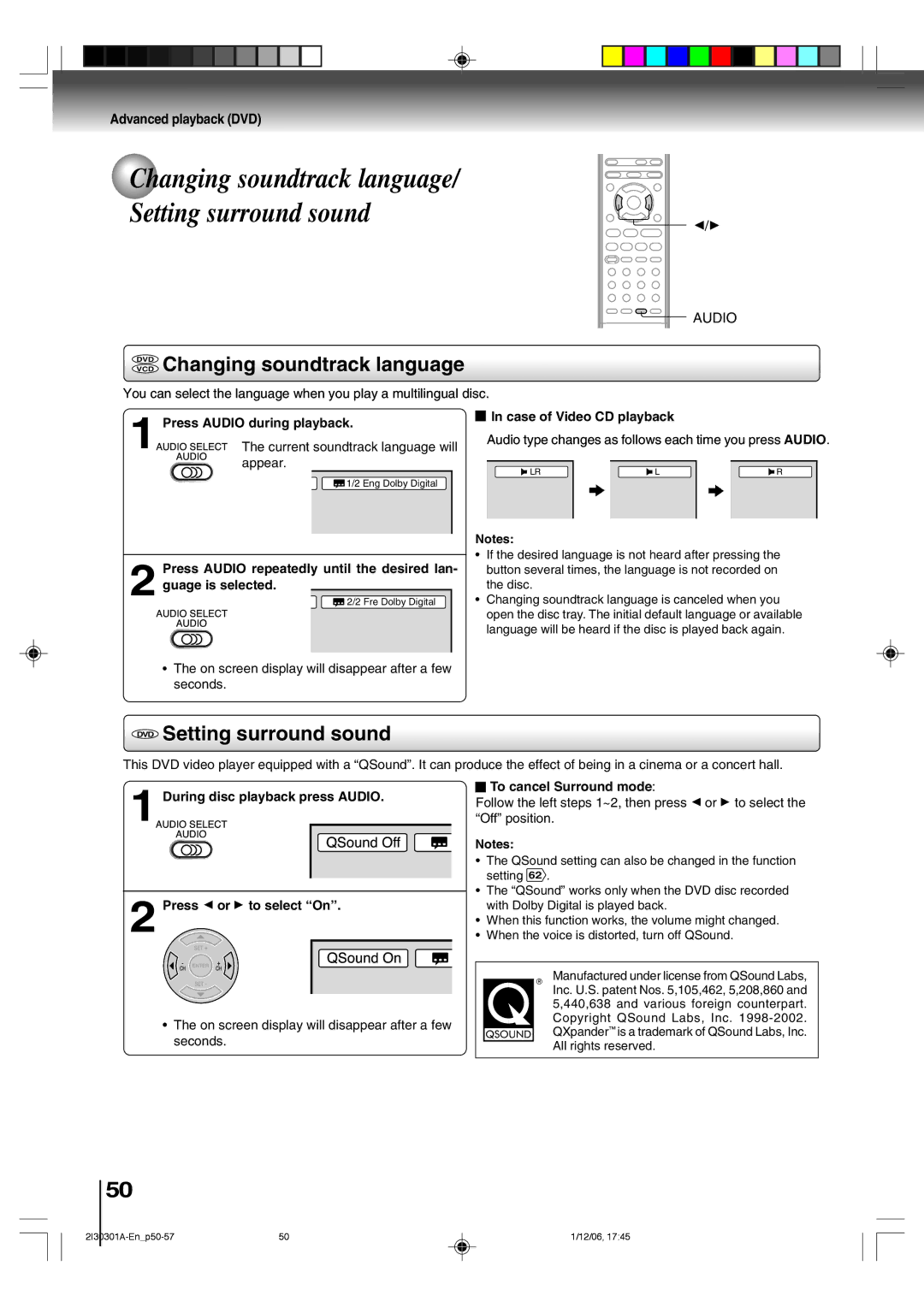 Toshiba HI-FI SQPB owner manual Changing soundtrack language Setting surround sound, DVD Changing soundtrack language 