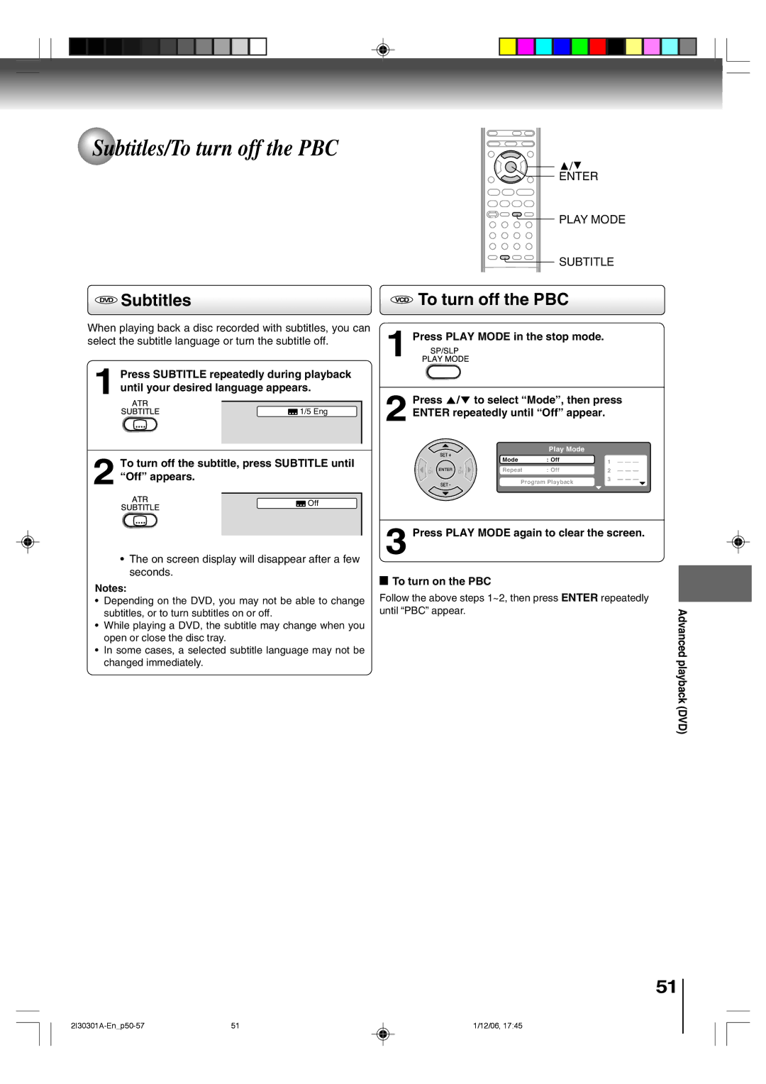 Toshiba HI-FI SQPB owner manual Subtitles/To turn off the PBC, DVD Subtitles, Press Play Mode in the stop mode 