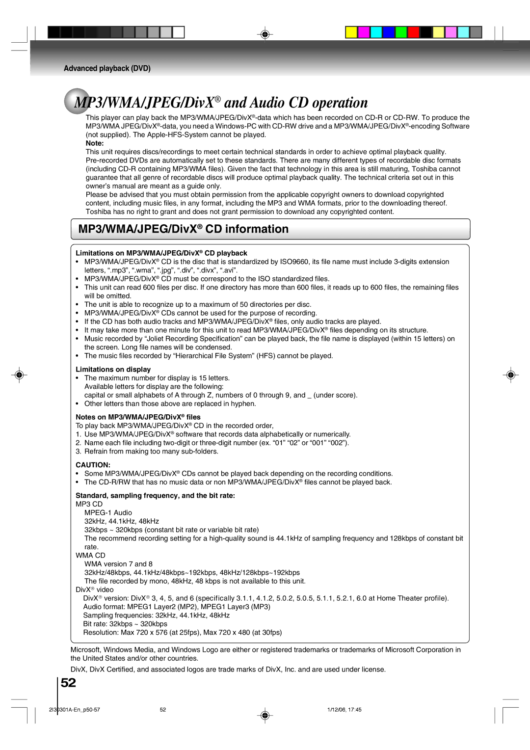 Toshiba HI-FI SQPB MP3/WMA/JPEG/DivX and Audio CD operation, MP3/WMA/JPEG/DivX CD information, Limitations on display 