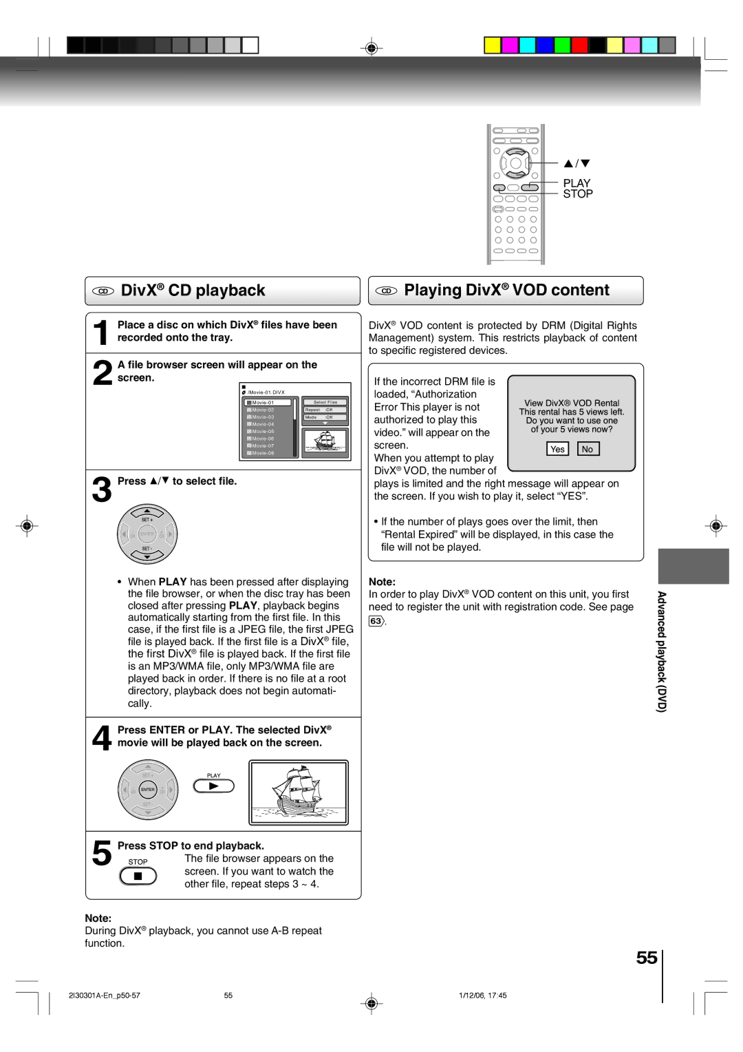 Toshiba HI-FI SQPB owner manual CD DivX CD playback CD Playing DivX VOD content, Press C/D to select file, PlaybackDVD 