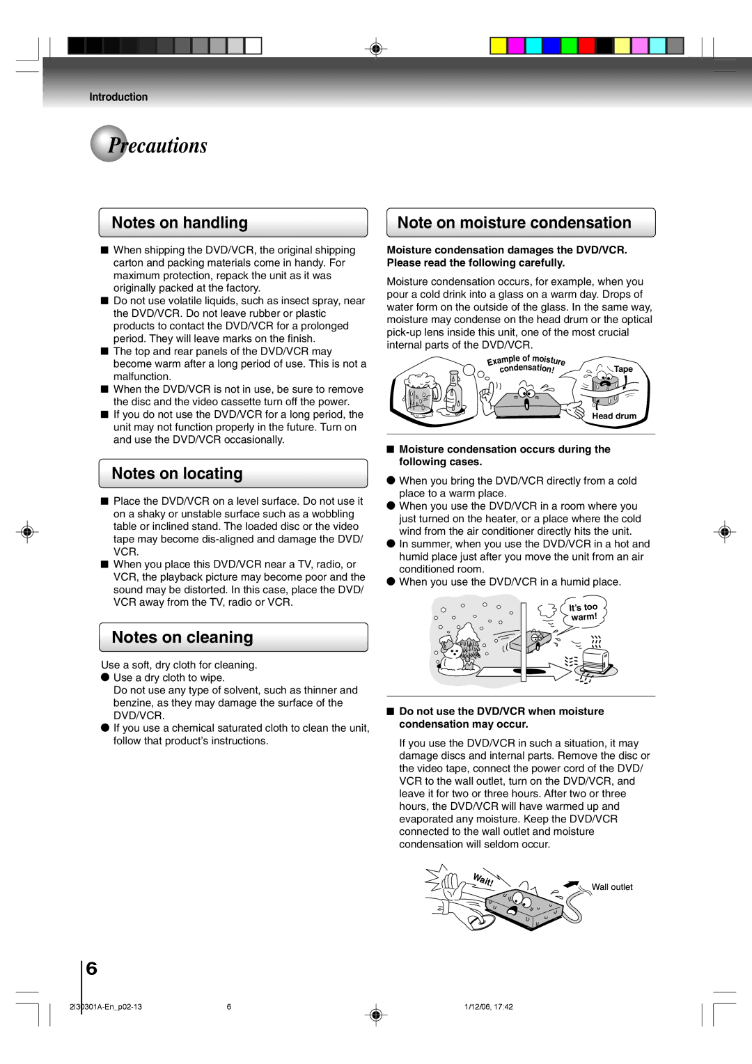 Toshiba HI-FI SQPB owner manual Precautions, Wait, Moisture condensation occurs during the following cases 