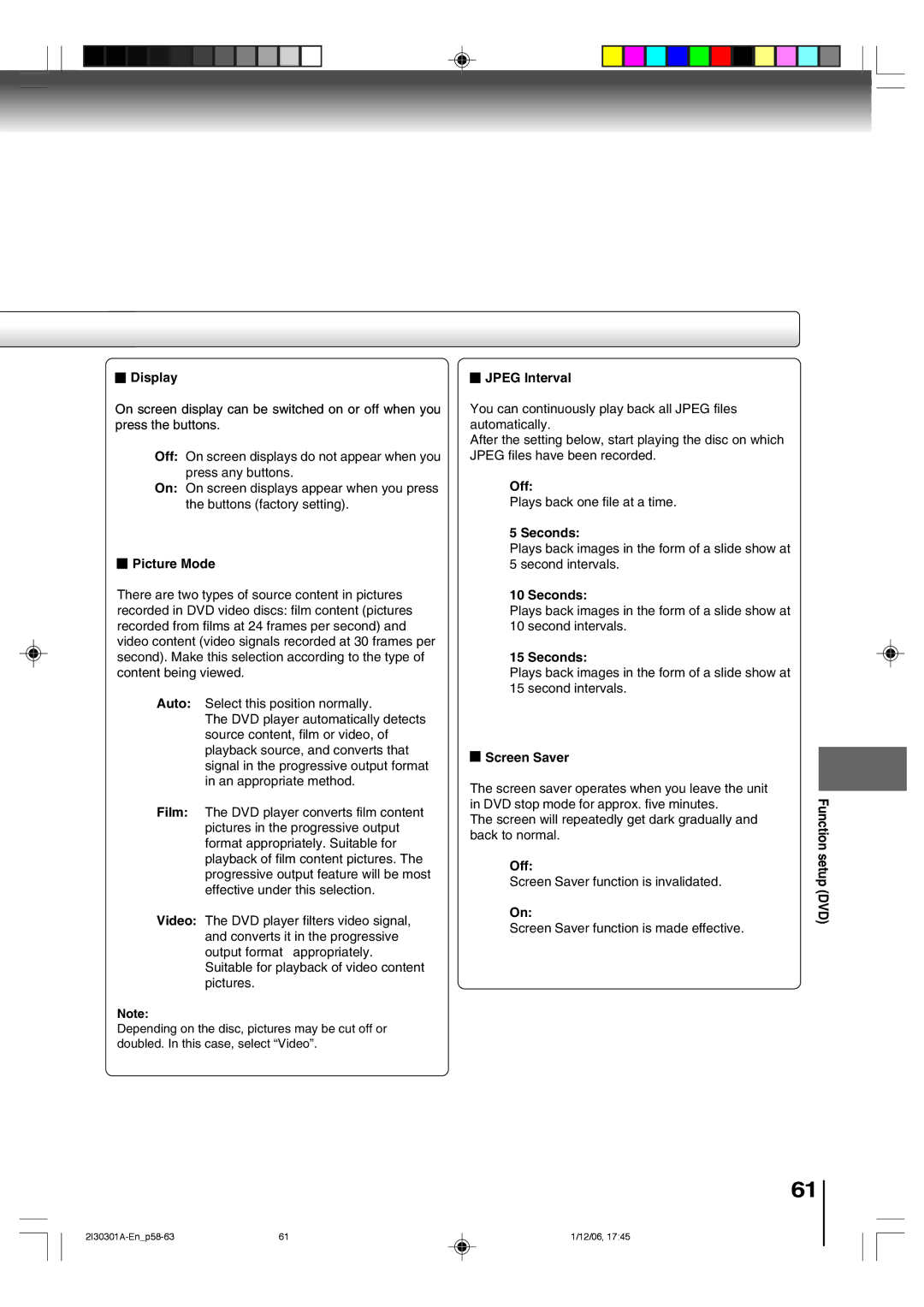 Toshiba HI-FI SQPB owner manual Display, Picture Mode, Jpeg Interval, Off, Seconds, Screen Saver 