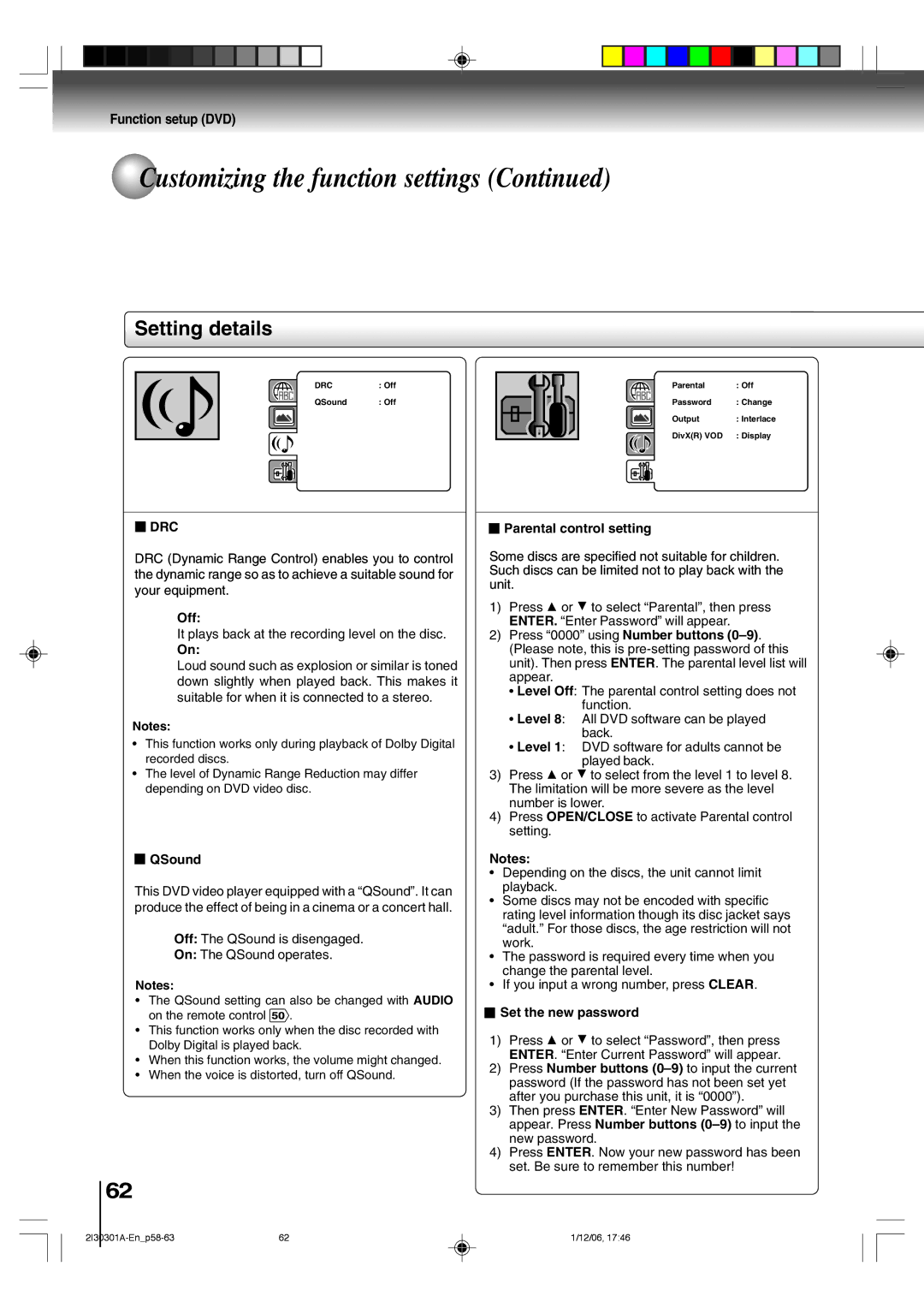 Toshiba HI-FI SQPB owner manual Drc, QSound, Parental control setting, Set the new password 