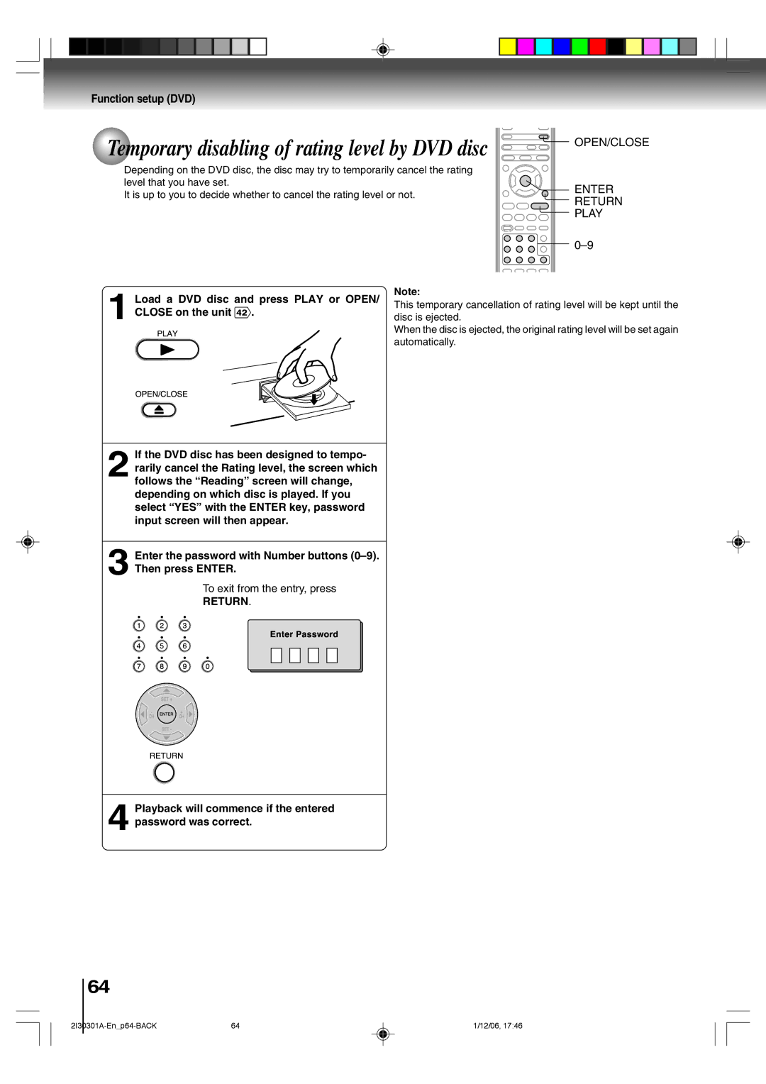 Toshiba HI-FI SQPB owner manual Temporary disabling of rating level by DVD disc, Return 