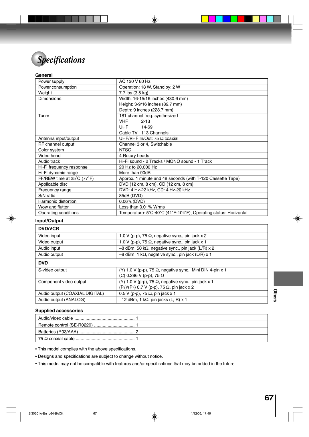 Toshiba HI-FI SQPB owner manual Specifications, General, Input/Output, Supplied accessories 