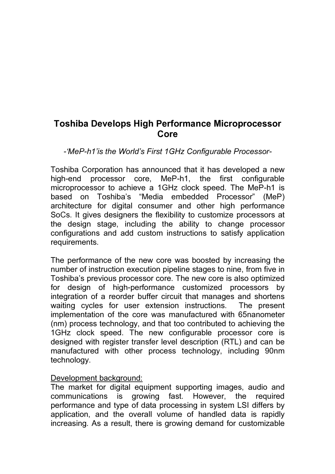 Toshiba manual Toshiba Develops High Performance Microprocessor Core 