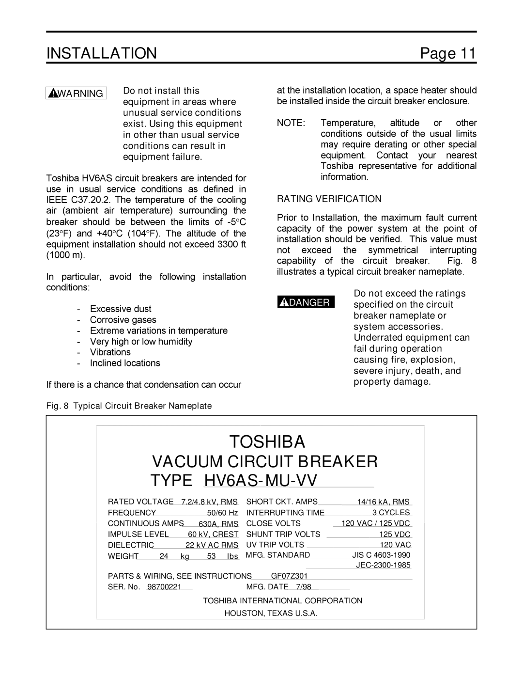 Toshiba HV6AS instruction manual Installation, Rating Verification 