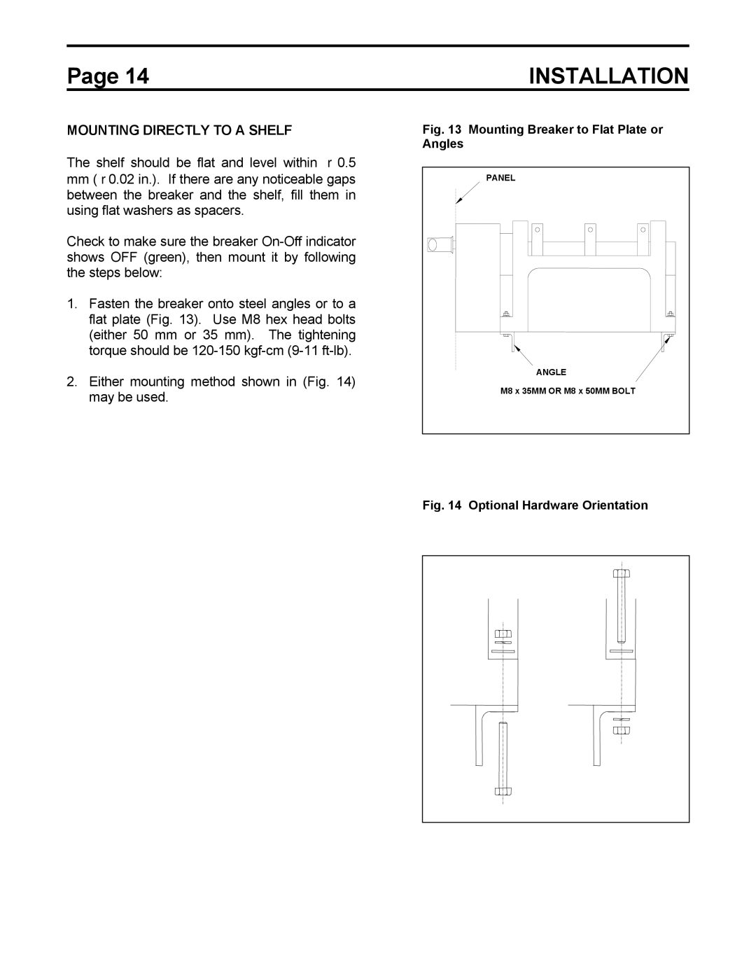 Toshiba HV6AS instruction manual Mounting Directly to a Shelf, Mounting Breaker to Flat Plate or Angles 