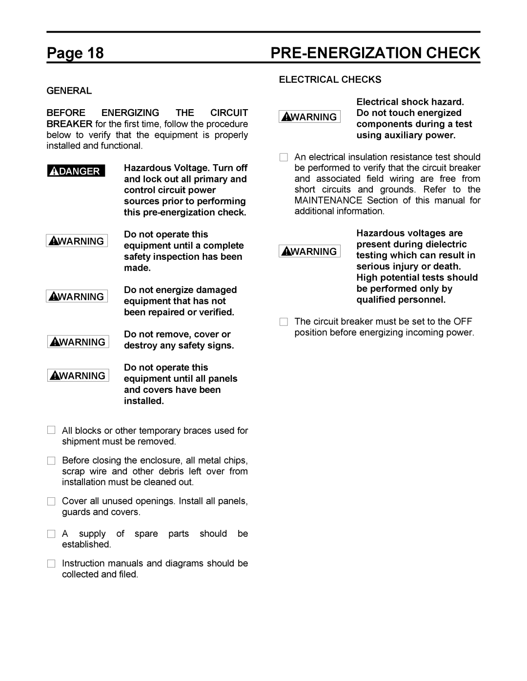 Toshiba HV6AS instruction manual General, Electrical Checks 