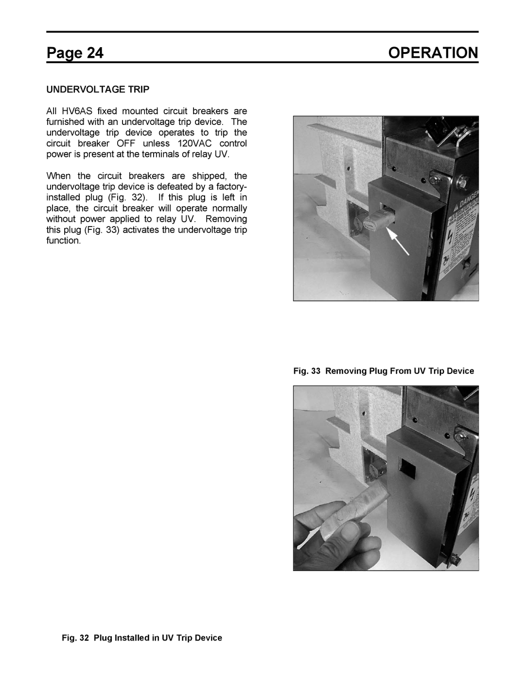 Toshiba HV6AS instruction manual Undervoltage Trip, Removing Plug From UV Trip Device 