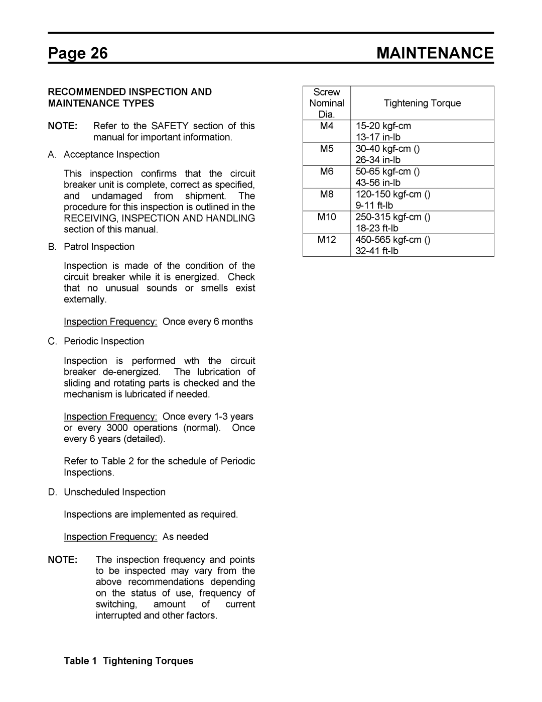 Toshiba HV6AS instruction manual Recommended Inspection and Maintenance Types, Tightening Torques 