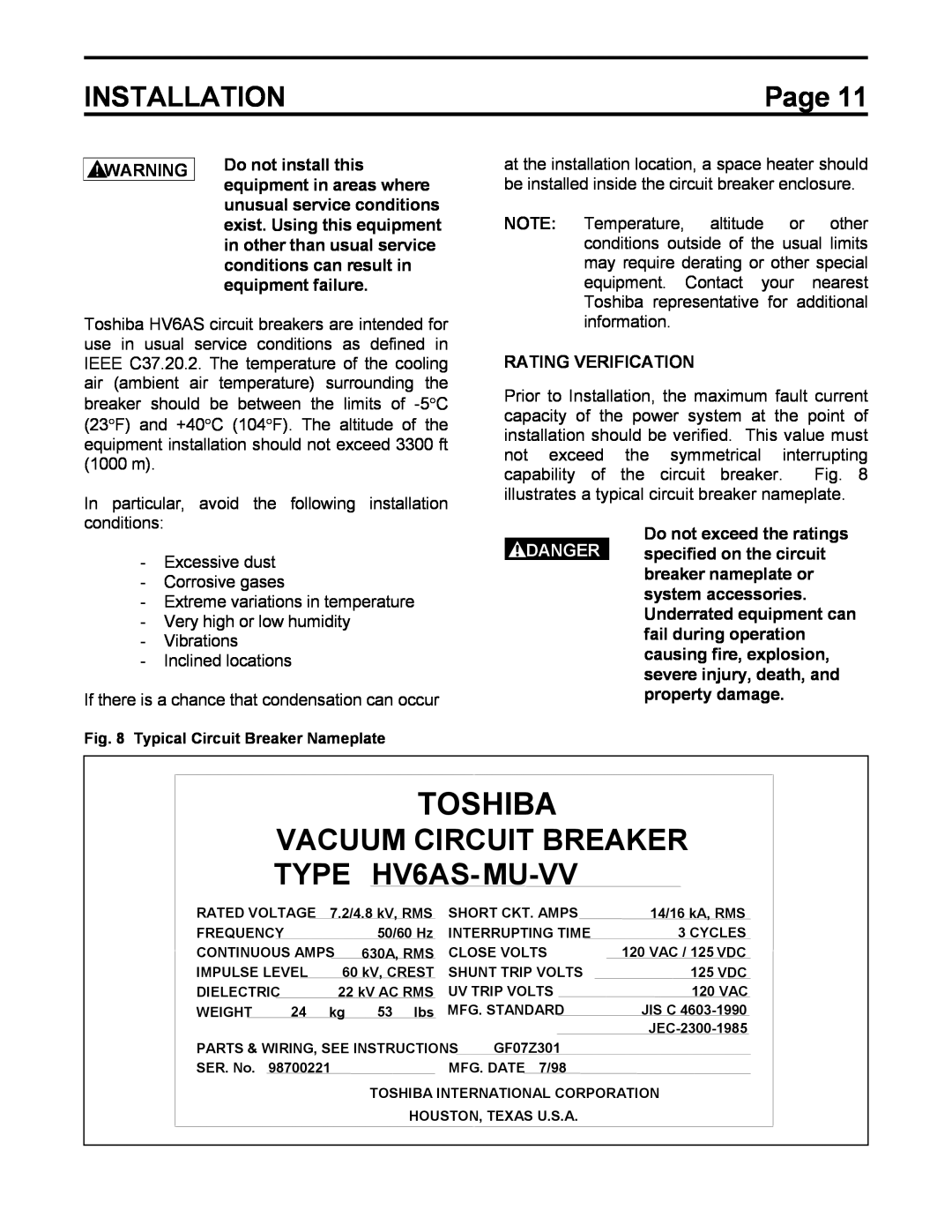 Toshiba Installation, Rating Verification, Toshiba, VACUUM CIRCUIT BREAKER TYPE HV6AS-MU-VV, Page, Danger 