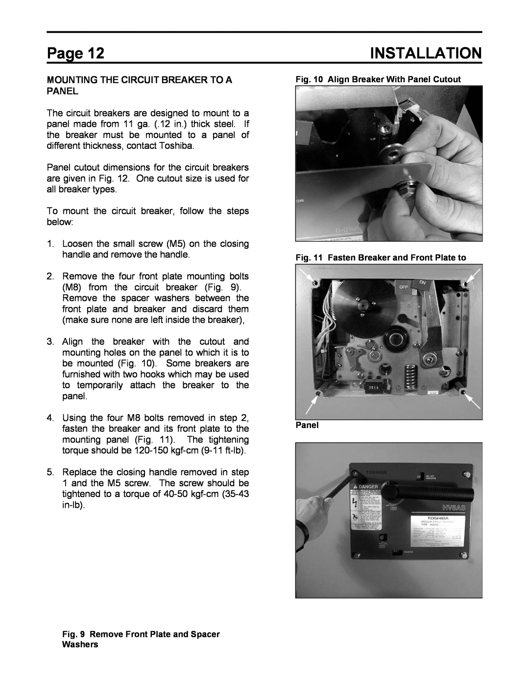 Toshiba HV6AS instruction manual Installation, Mounting The Circuit Breaker To A Panel, Page 
