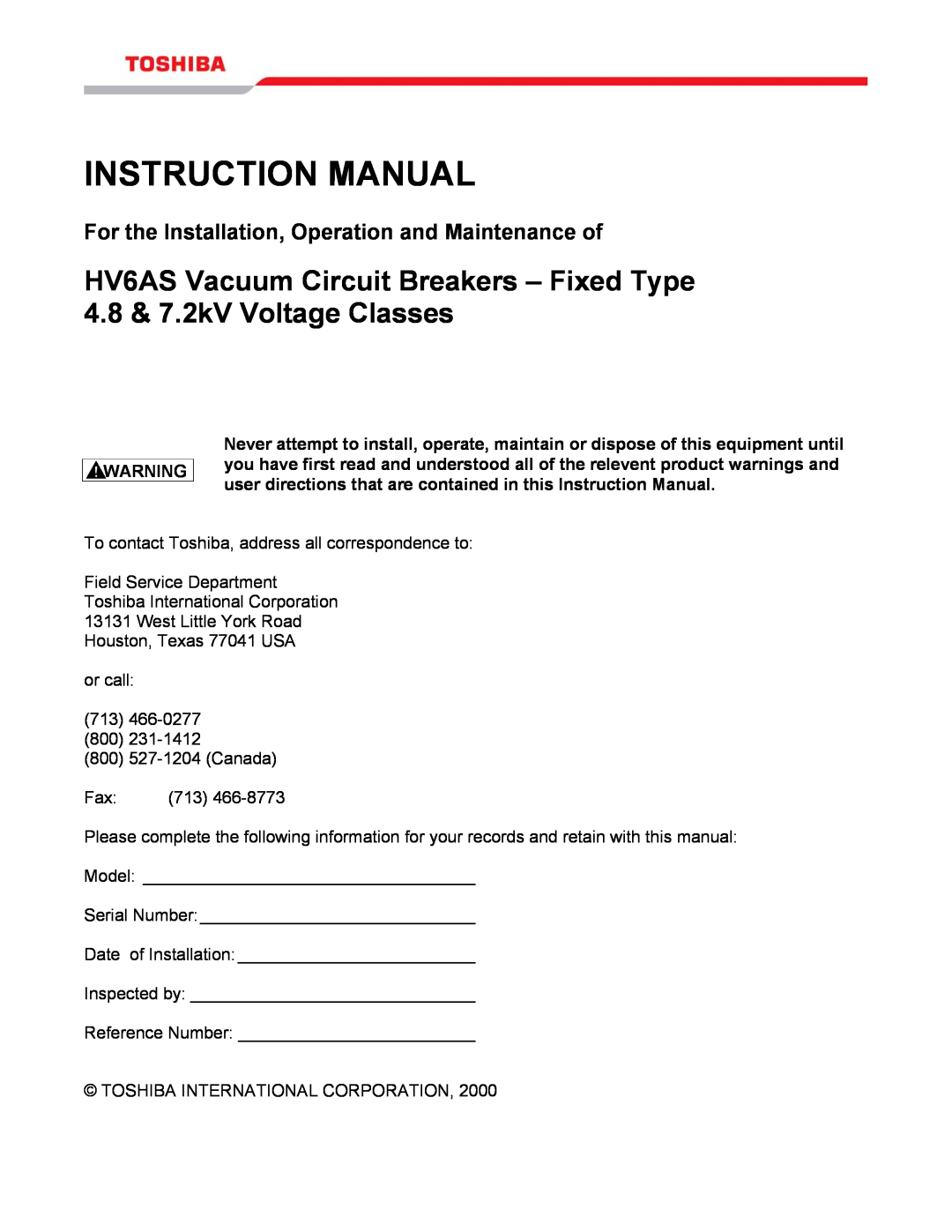 Toshiba HV6AS instruction manual 