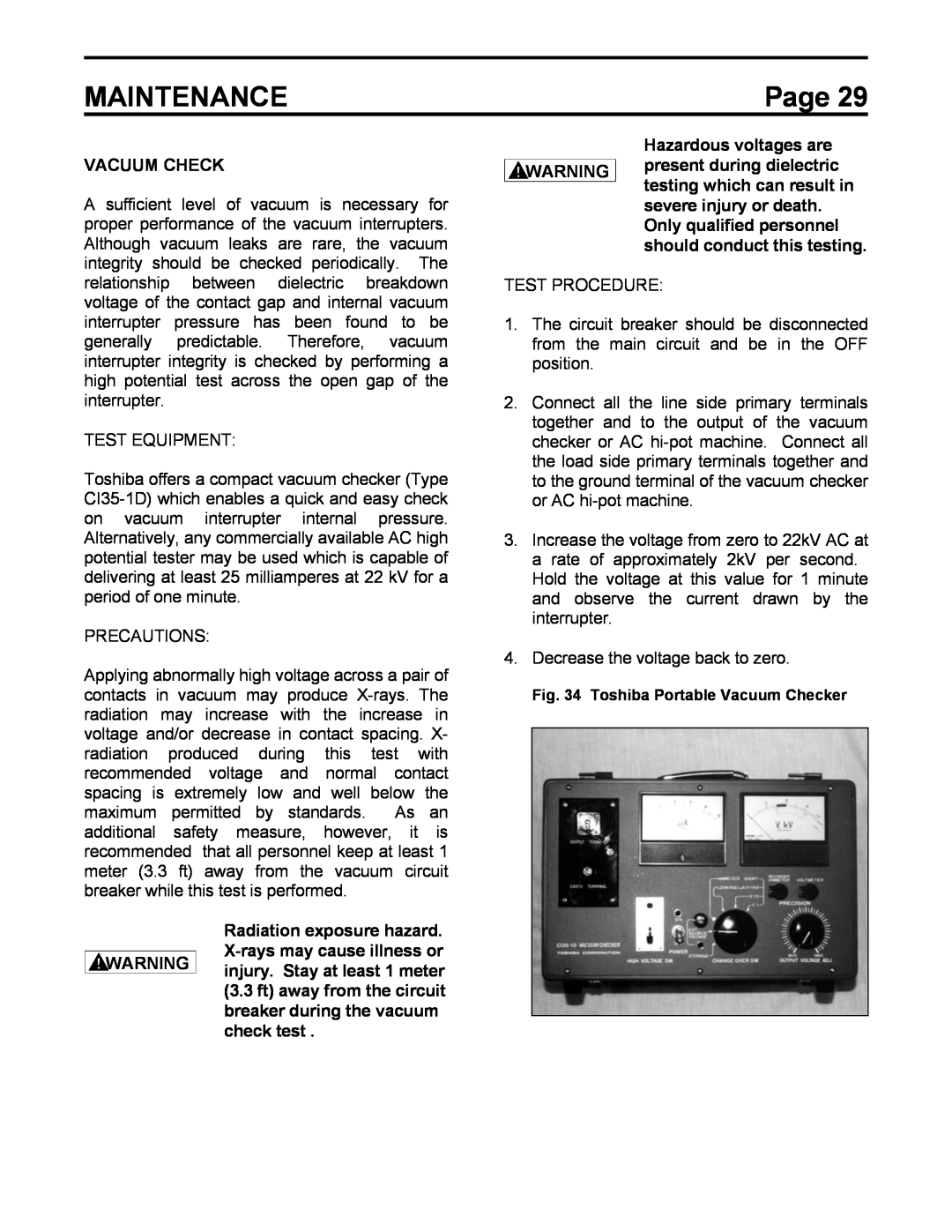 Toshiba HV6AS instruction manual Vacuum Check, Maintenance, Page 