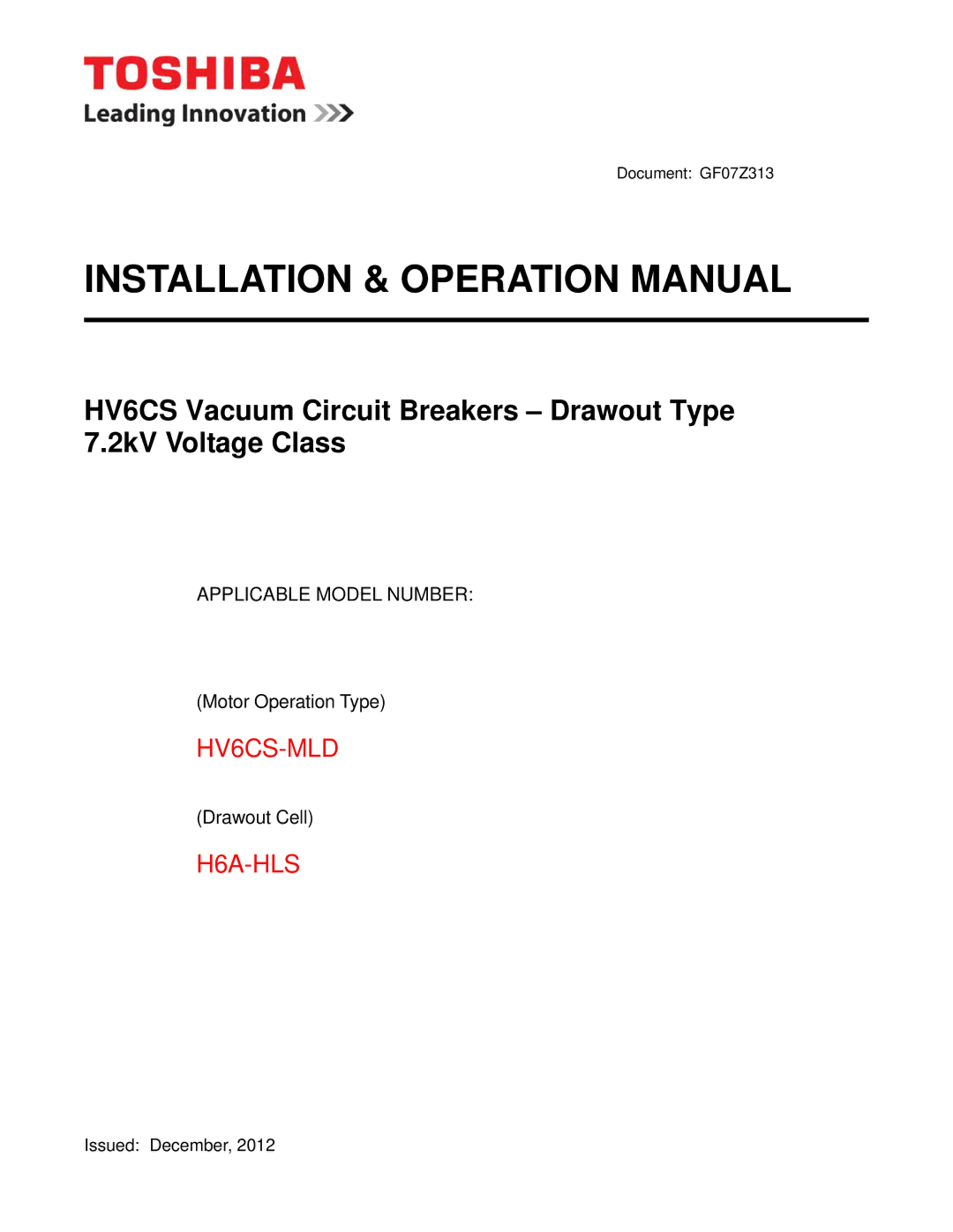 Toshiba H6A-HLS operation manual HV6CS-MLD 