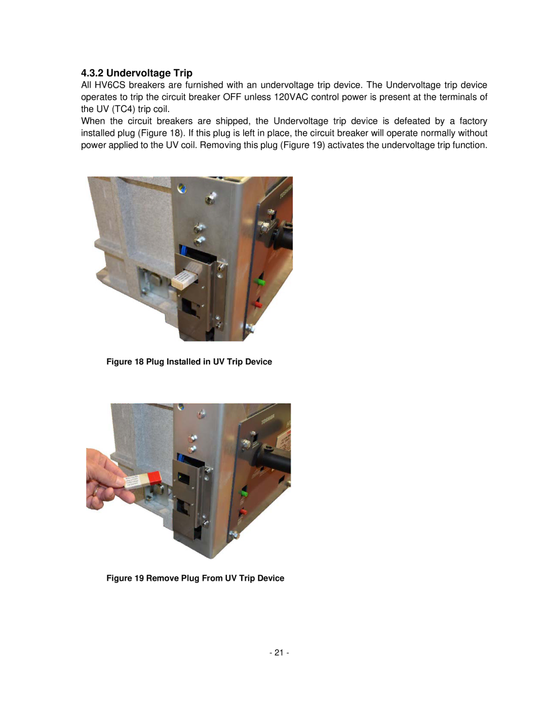 Toshiba H6A-HLS, HV6CS-MLD operation manual Undervoltage Trip, Plug Installed in UV Trip Device 