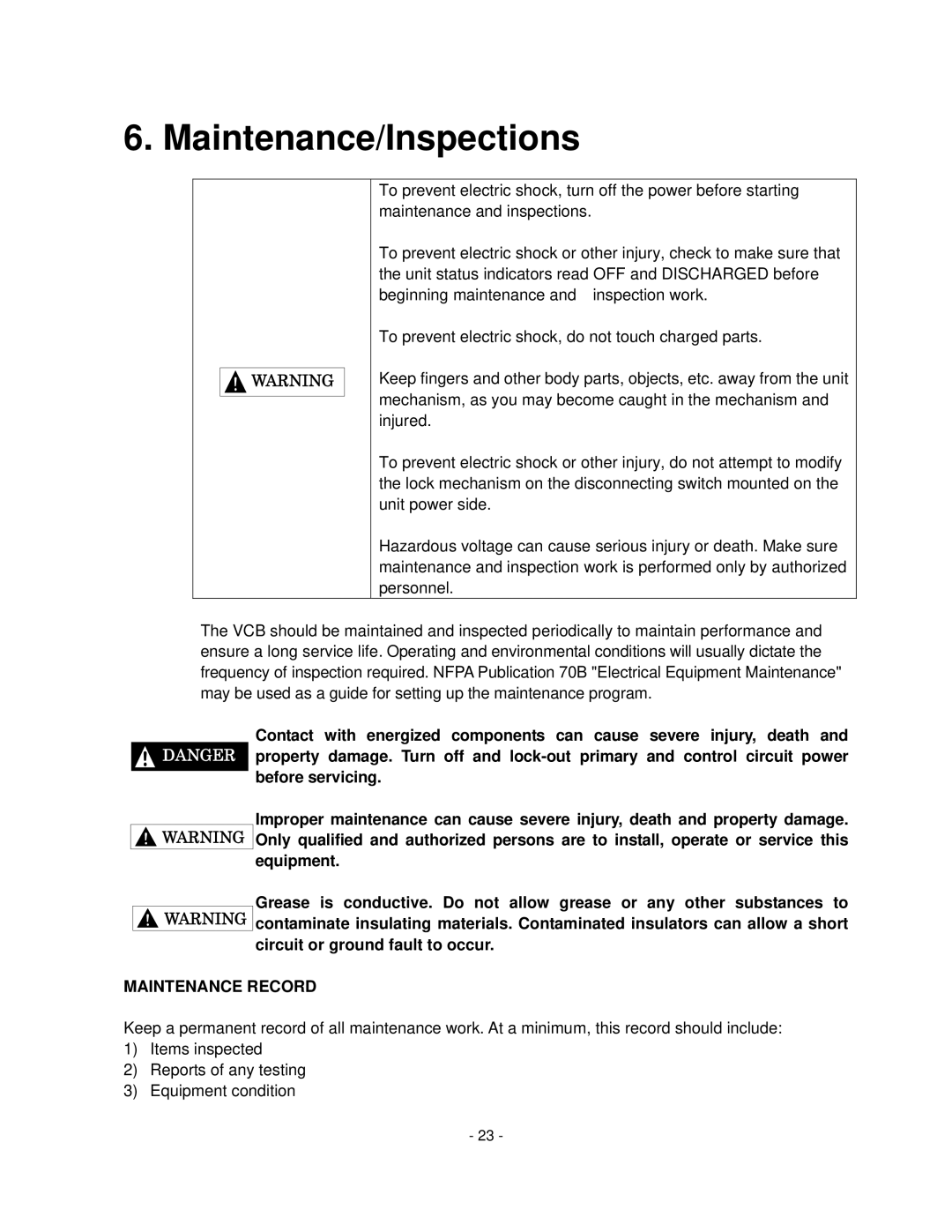 Toshiba H6A-HLS, HV6CS-MLD operation manual Maintenance/Inspections, Maintenance Record 