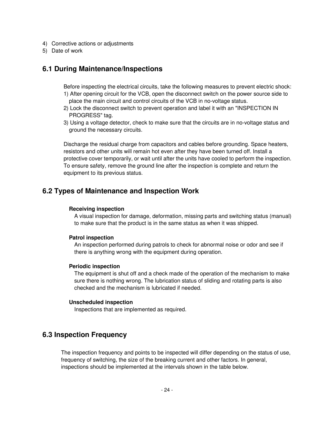 Toshiba HV6CS-MLD, H6A-HLS During Maintenance/Inspections, Types of Maintenance and Inspection Work, Inspection Frequency 