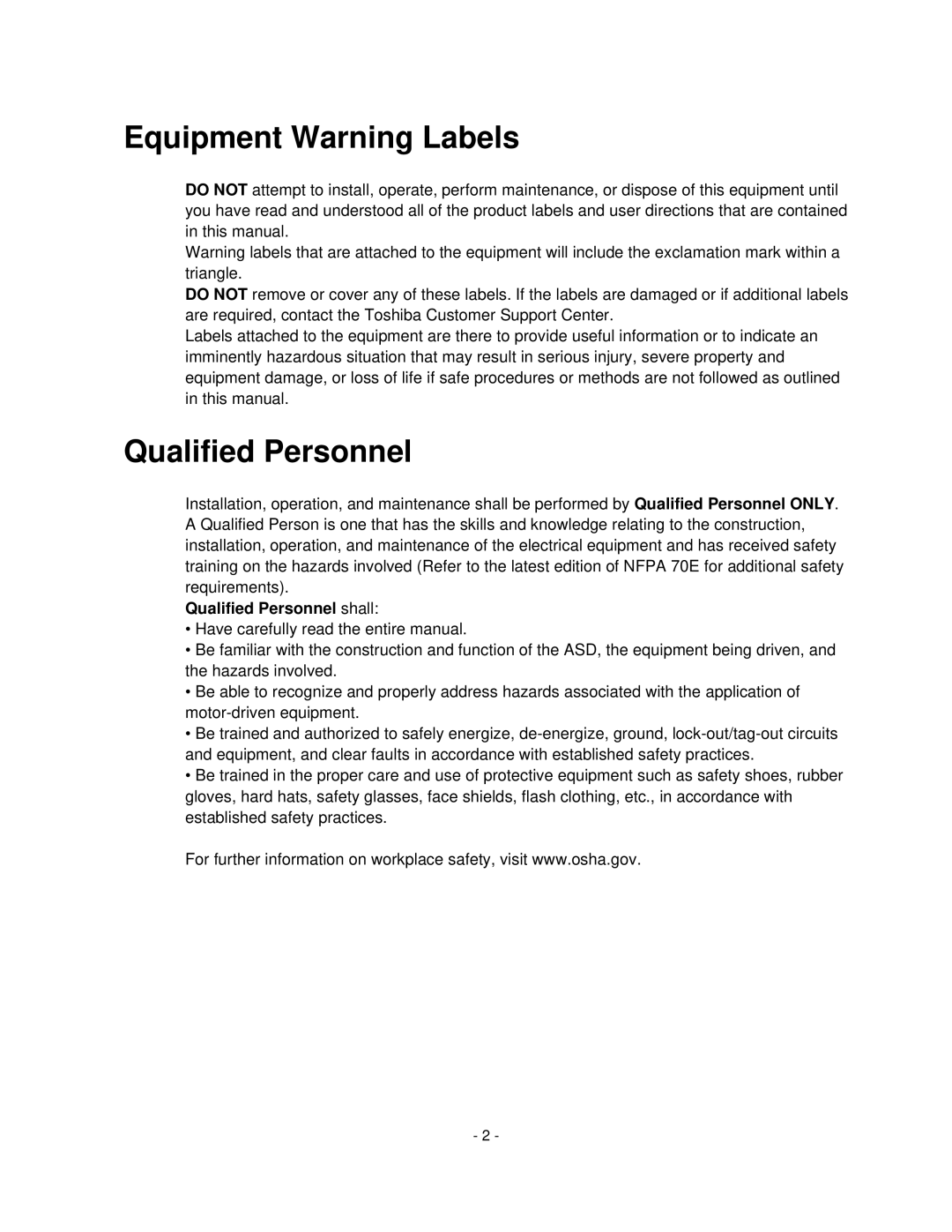 Toshiba HV6CS-MLD, H6A-HLS operation manual Equipment Warning Labels 