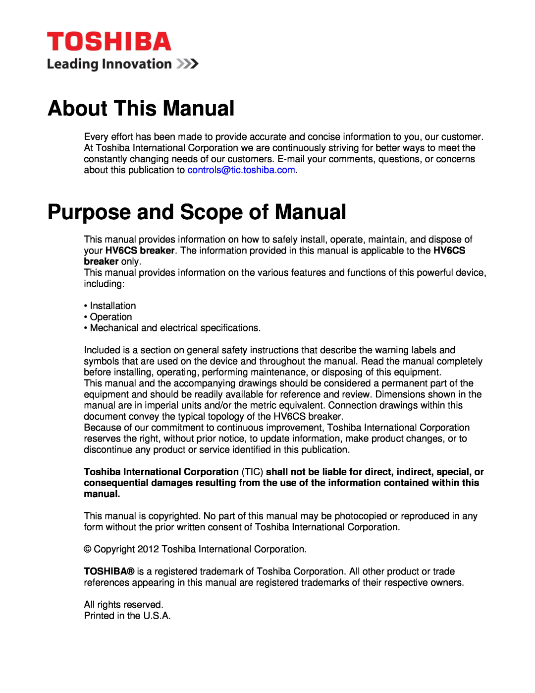 Toshiba HV6CS-MLD, H6A-HLS operation manual About This Manual, Purpose and Scope of Manual 