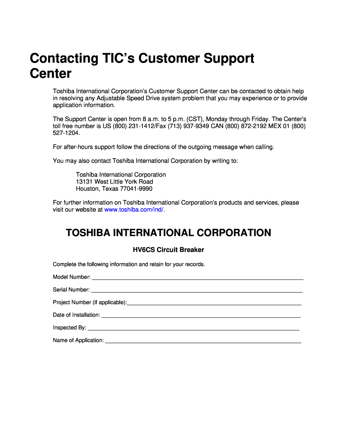 Toshiba H6A-HLS Contacting TIC’s Customer Support Center, Toshiba International Corporation, HV6CS Circuit Breaker 