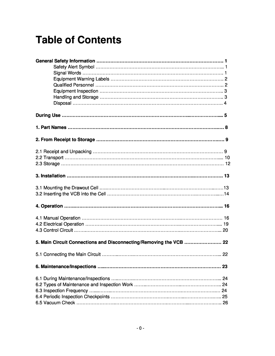 Toshiba HV6CS-MLD, H6A-HLS operation manual Table of Contents, General Safety Information ……………………………………………………………………… 