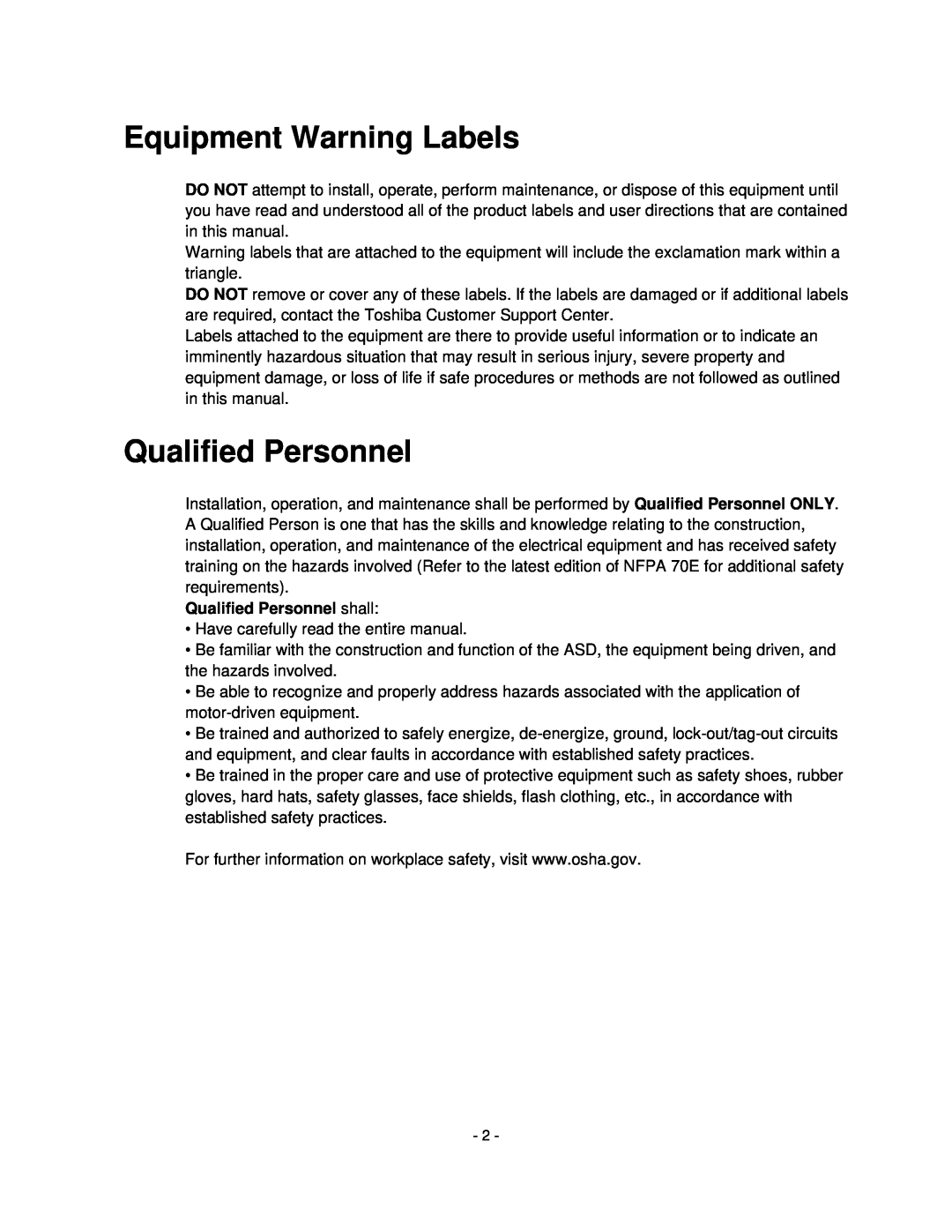Toshiba HV6CS-MLD, H6A-HLS operation manual Equipment Warning Labels, Qualified Personnel shall 