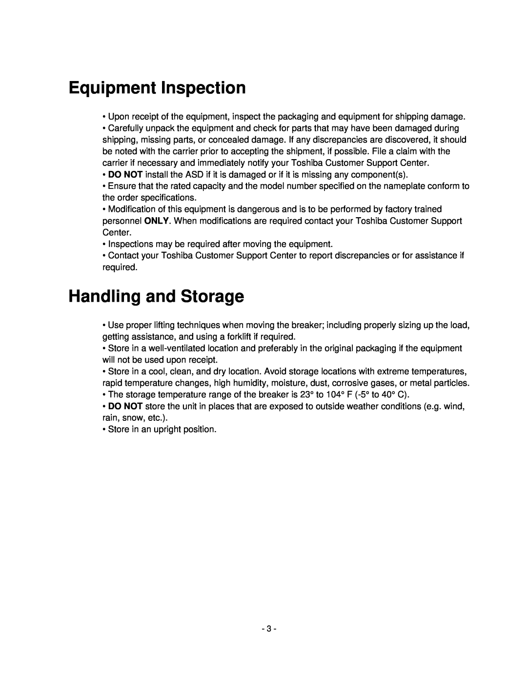 Toshiba H6A-HLS, HV6CS-MLD operation manual Equipment Inspection, Handling and Storage 