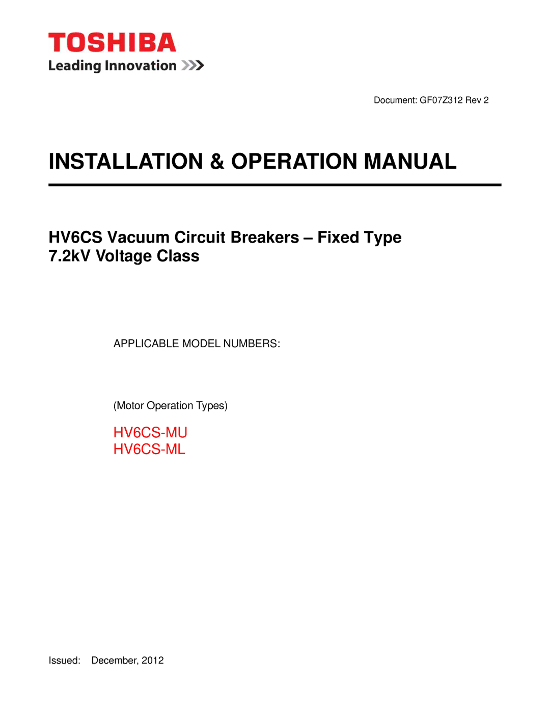 Toshiba HV6CS-MU operation manual HV6CS Vacuum Circuit Breakers Fixed Type 7.2kV Voltage Class 