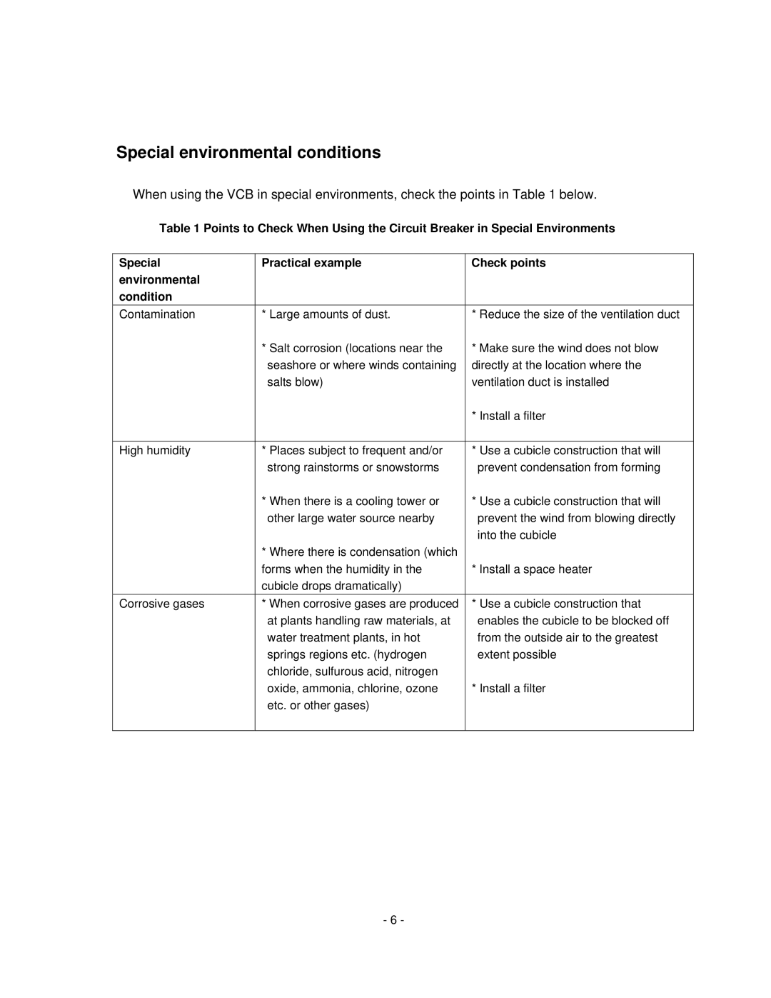 Toshiba HV6CS-MU operation manual Special environmental conditions 