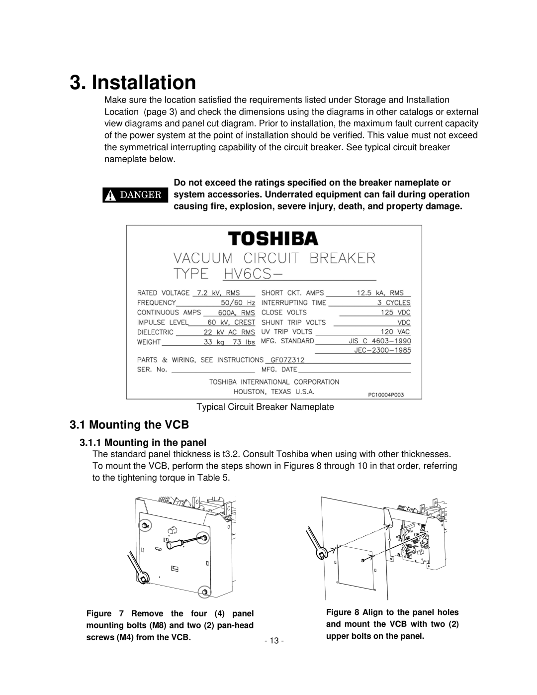 Toshiba HV6CS-MU operation manual Installation, Mounting the VCB, Mounting in the panel 