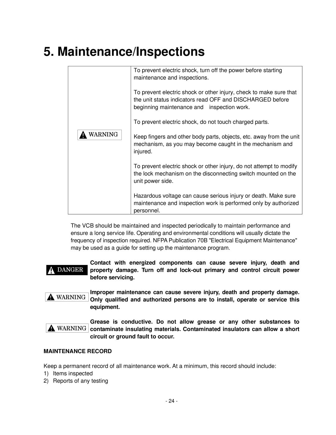 Toshiba HV6CS-MU operation manual Maintenance/Inspections, Maintenance Record 