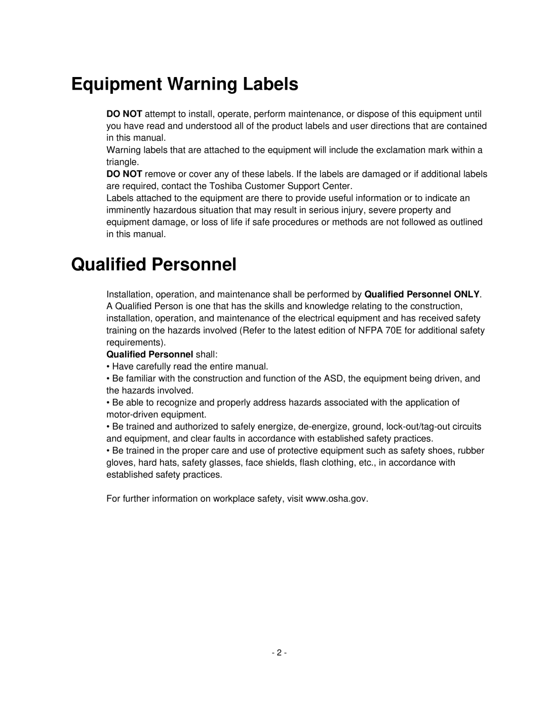 Toshiba HV6CS-MU operation manual Equipment Warning Labels 