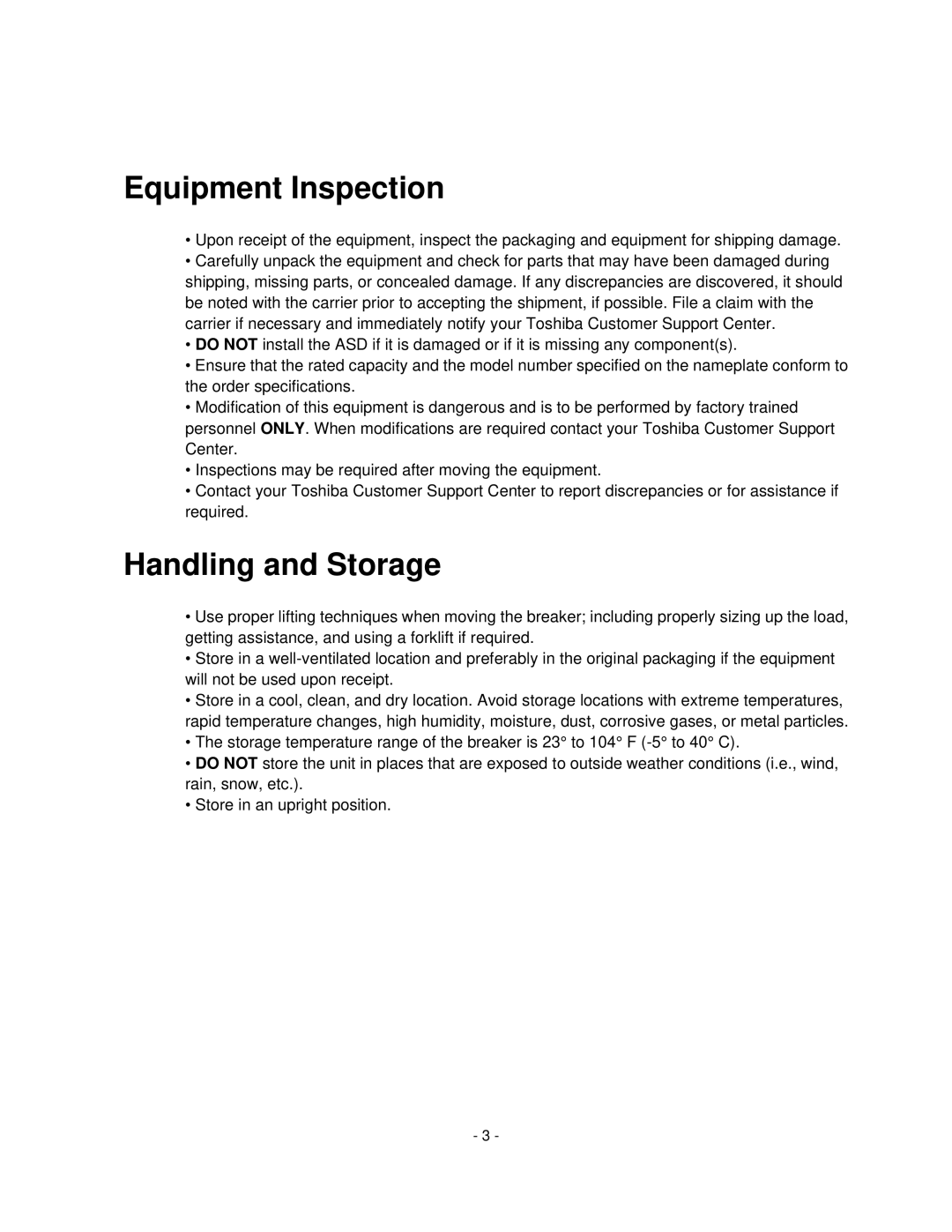 Toshiba HV6CS-MU operation manual Equipment Inspection 