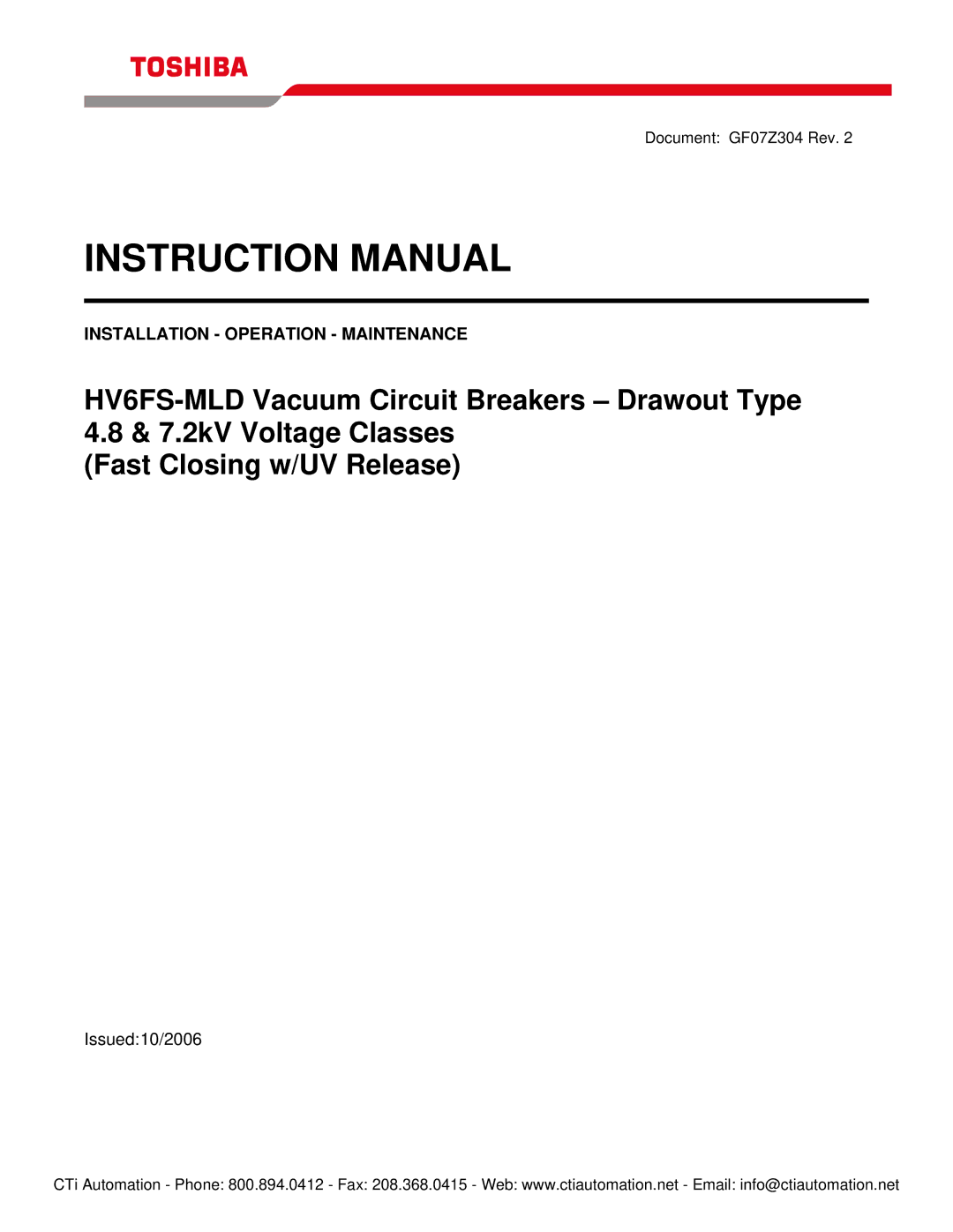 Toshiba HV6FS-MLD instruction manual Installation Operation Maintenance 