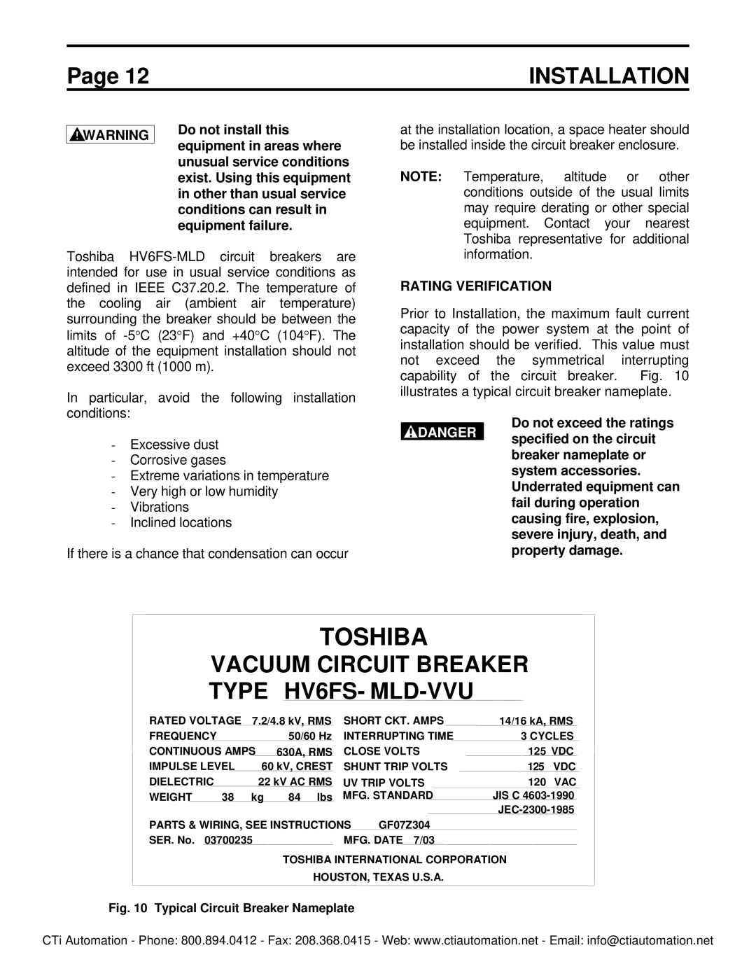 Toshiba HV6FS-MLD instruction manual Installation, Rating Verification 