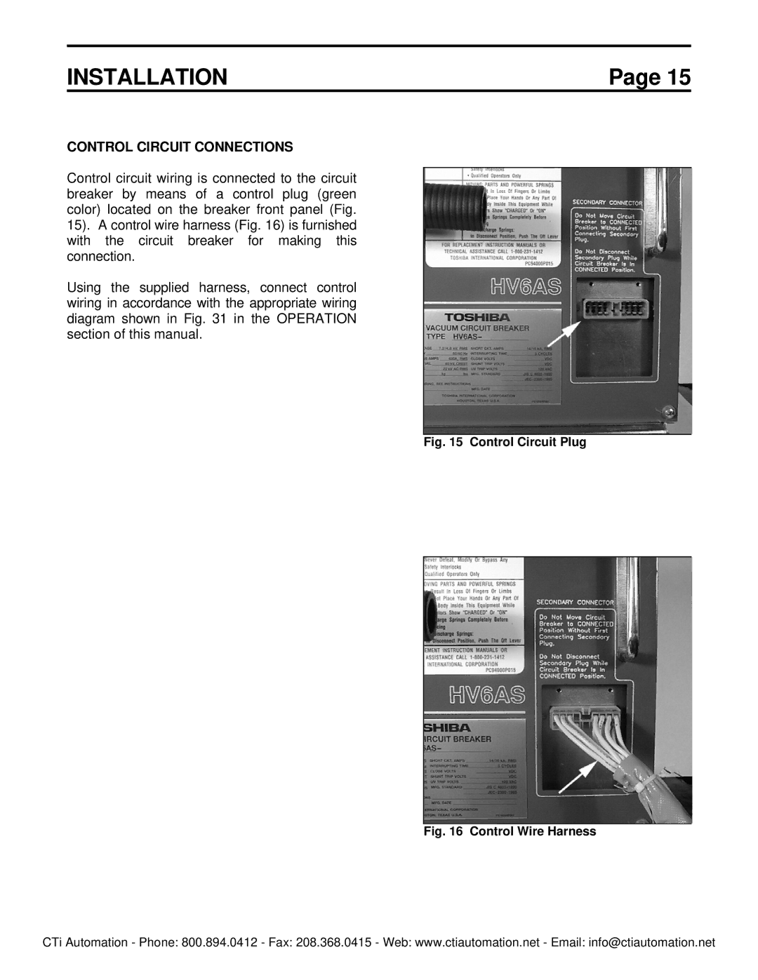 Toshiba HV6FS-MLD instruction manual Control Circuit Connections, Control Circuit Plug 