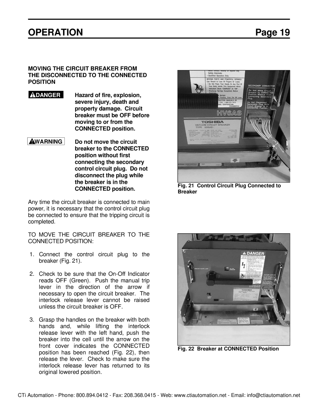Toshiba HV6FS-MLD instruction manual Operation, To Move the Circuit Breaker to the Connected Position 
