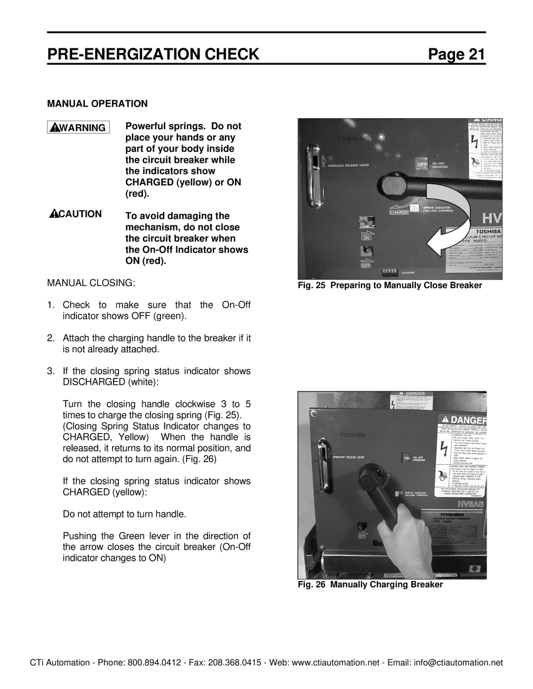 Toshiba HV6FS-MLD instruction manual PRE-ENERGIZATION Check, Manual Operation, Manual Closing 