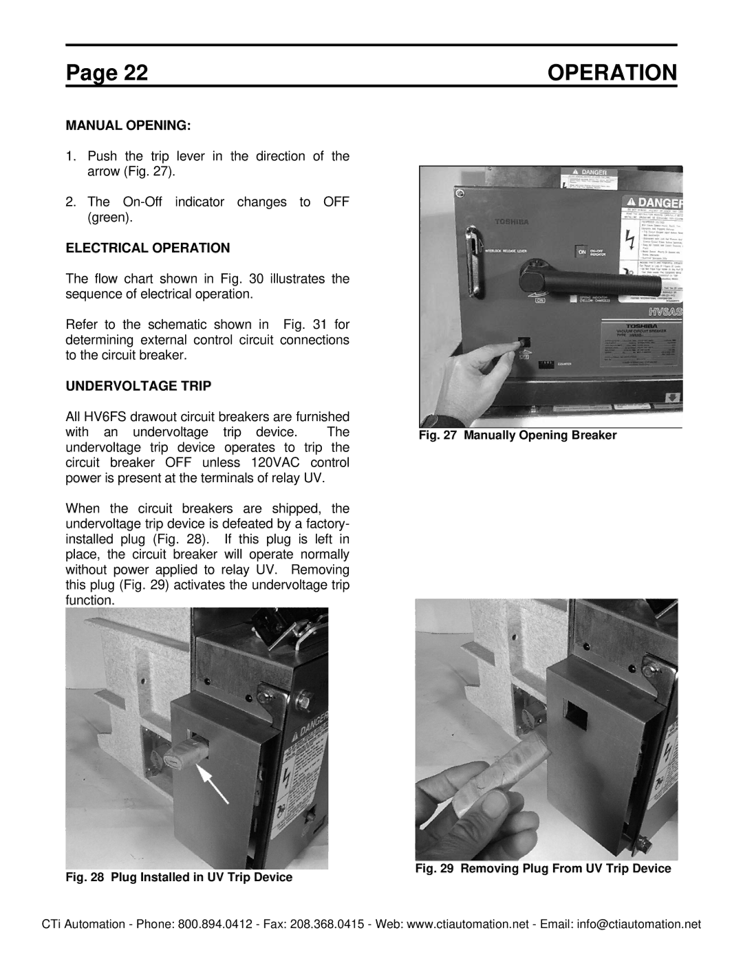 Toshiba HV6FS-MLD instruction manual Manual Opening, Electrical Operation, Undervoltage Trip 