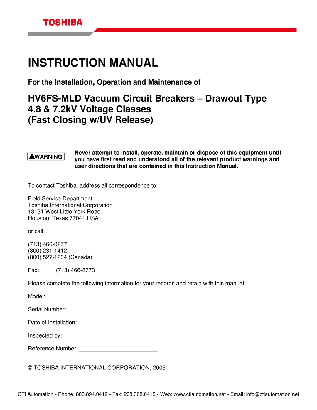 Toshiba HV6FS-MLD instruction manual Toshiba International Corporation 
