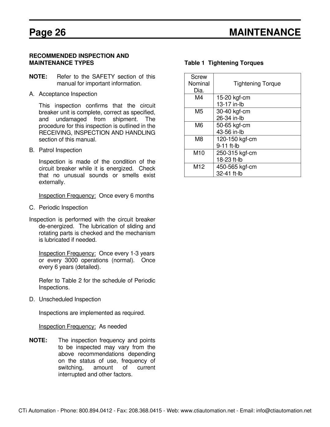 Toshiba HV6FS-MLD instruction manual Recommended Inspection and Maintenance Types, Tightening Torques 