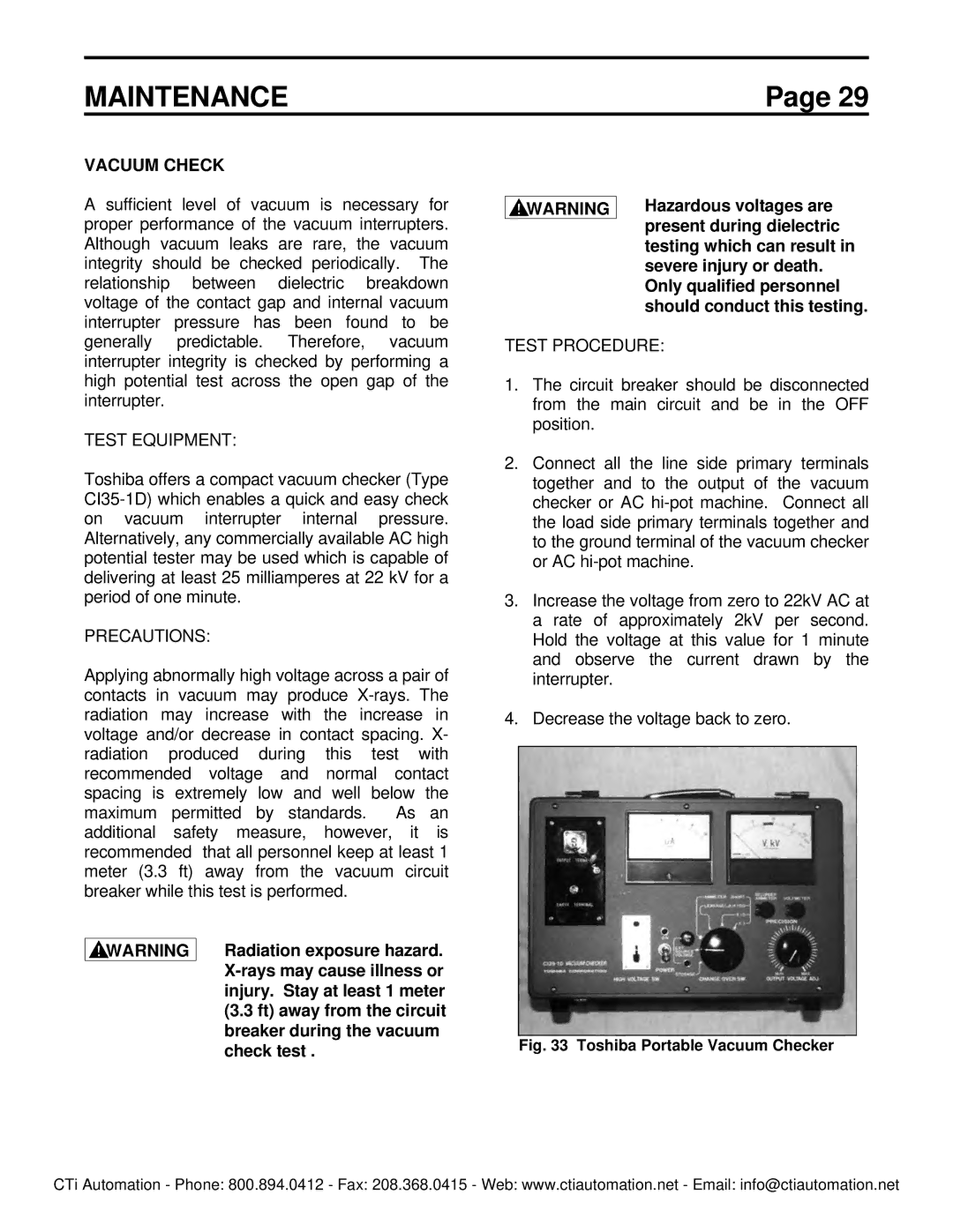 Toshiba HV6FS-MLD instruction manual Vacuum Check, Test Equipment, Precautions, Test Procedure 