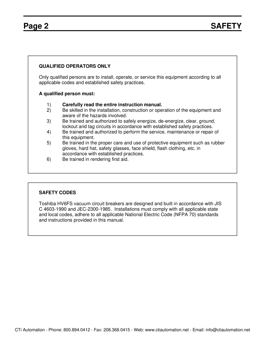 Toshiba HV6FS-MLD instruction manual Qualified Operators only, Qualified person must, Safety Codes 