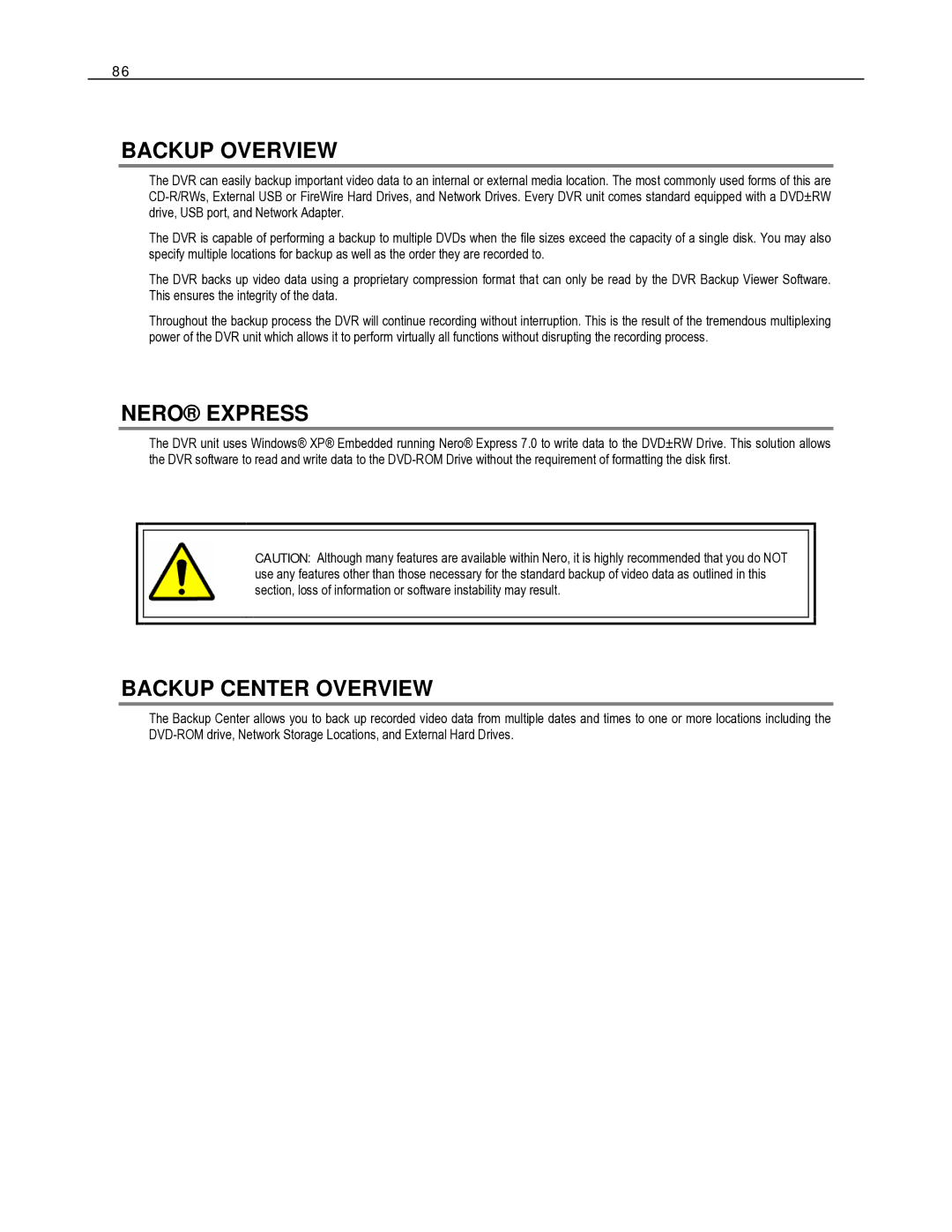 Toshiba HVR16-X, HVR32-X, HVR8-X user manual Backup Overview, Nero Express, Backup Center Overview 