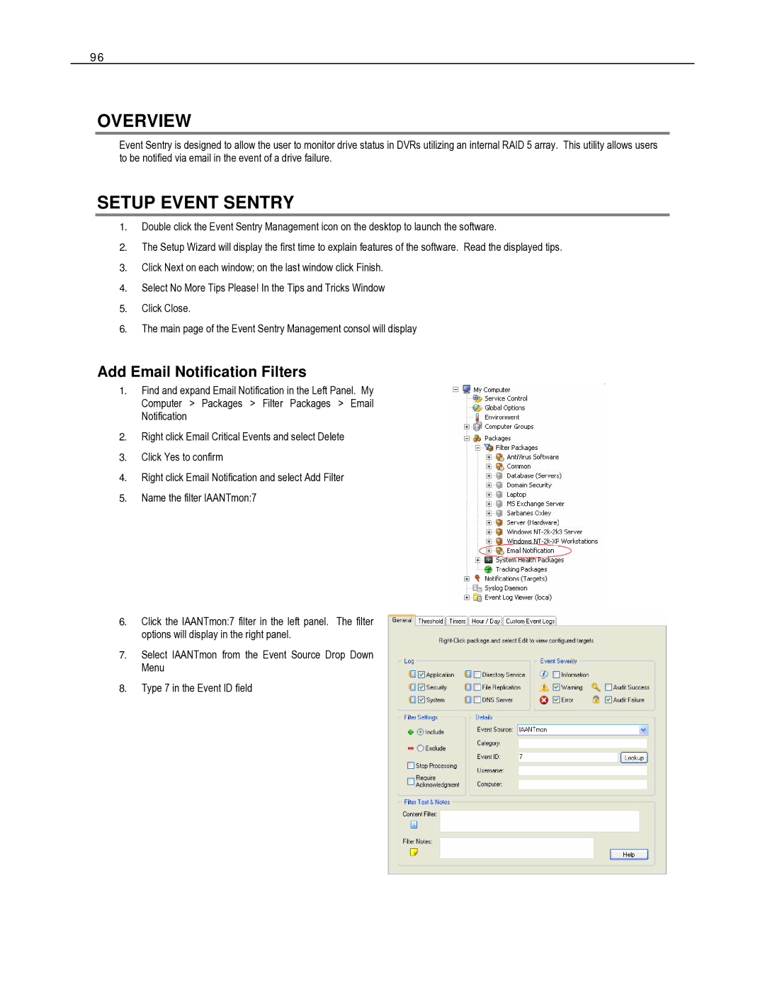 Toshiba HVR32-X, HVR8-X, HVR16-X user manual Overview, Setup Event Sentry, Add Email Notification Filters 