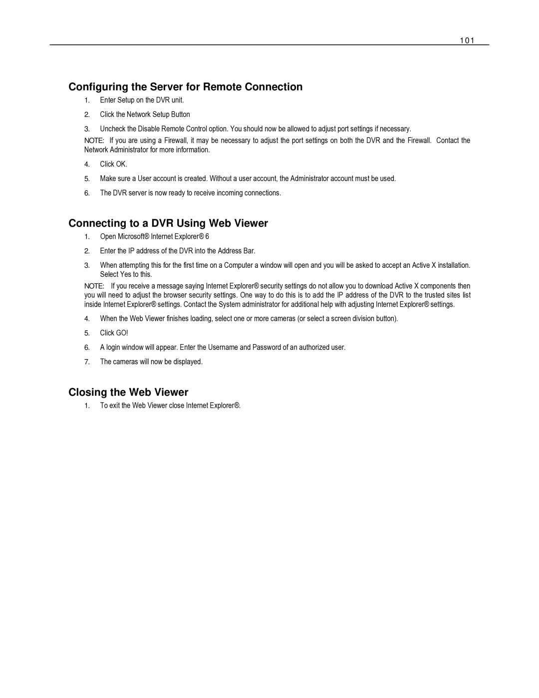 Toshiba HVR16-X Configuring the Server for Remote Connection, Connecting to a DVR Using Web Viewer, Closing the Web Viewer 