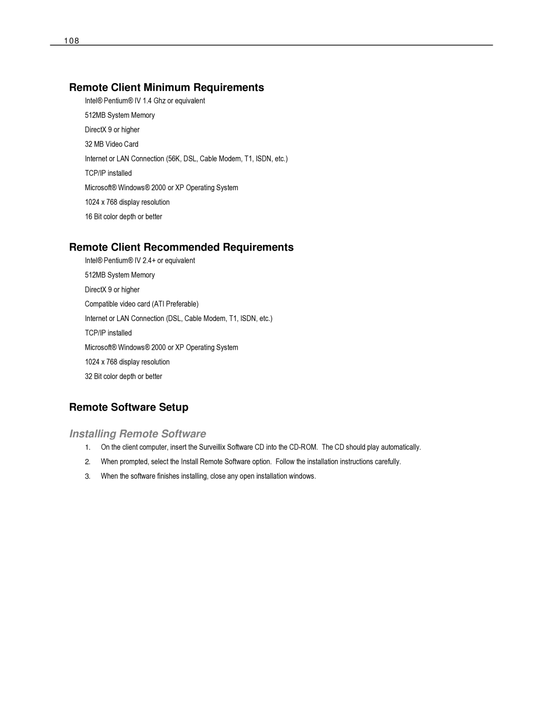 Toshiba HVR32-X Remote Client Minimum Requirements, Remote Client Recommended Requirements, Remote Software Setup, 108 